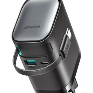 Joyroom JR-TCL02 65W GaN wall charger in black with built-in retractable USB-C cable