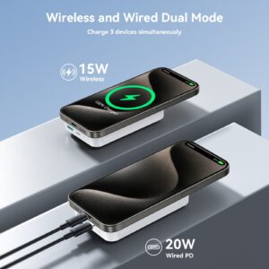 Joyroom JR-W020 10000mAh black magnetic wireless power bank shown in wired and wireless charging use