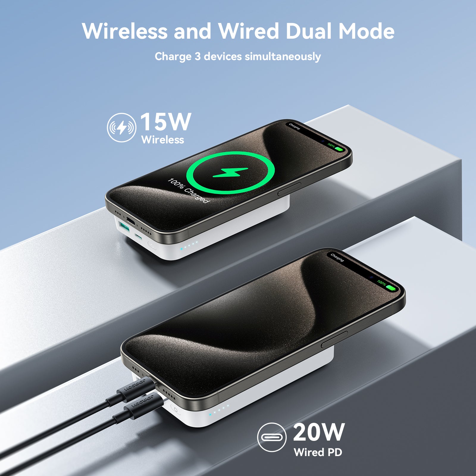 Joyroom JR-W020 10000mAh black magnetic wireless power bank shown in wired and wireless charging use
