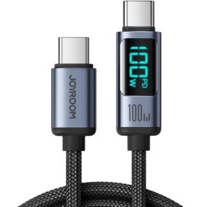 JOYROOM S-CC100A16 100W USB-C to USB-C charging cable with braided black lead and integrated digital power display.