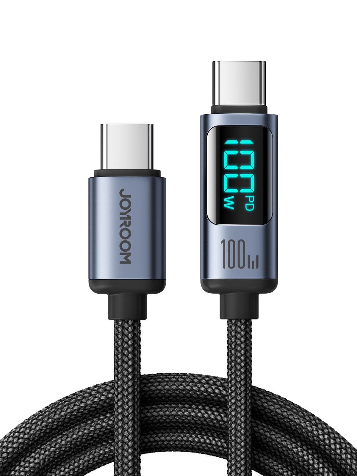 JOYROOM S-CC100A16 100W USB-C to USB-C charging cable with braided black lead and integrated digital power display.