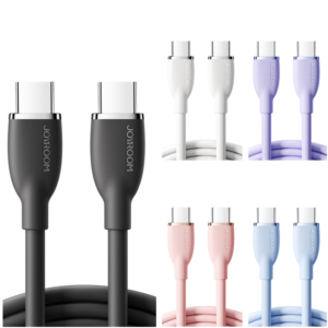 JOYROOM SA29-CC5 liquid silicone USB-C to USB-C charging cable showing matching Type-C connectors and cable colour options