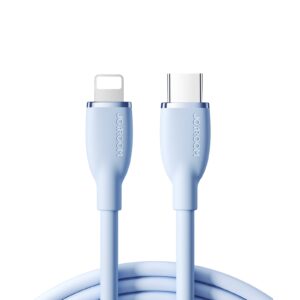 Close-up of both USB-C connector ends on a blue JOYROOM liquid silicone Type-C to Type-C charging cable