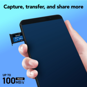 Lexar High Performance 633X 256GB microSDXC memory card shown beside a compatible device
