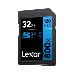 Front view of the Lexar High Performance 800X 32GB SDHC UHS-I memory card