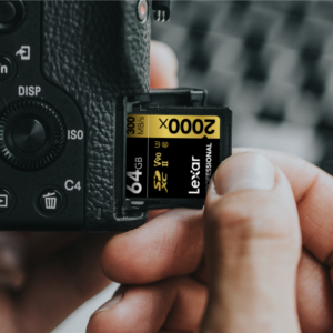Lexar Professional 2000X 64GB SDXC UHS-II V90 memory card shown in a camera workflow