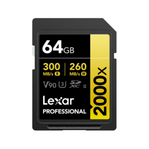 Front label view of a Lexar Professional 2000X 64GB SDXC UHS-II V90 memory card