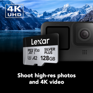 Lexar Professional Silver Plus 128GB microSDXC card shown for 4K UHD recording