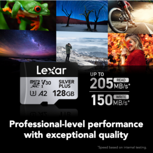 Lexar Professional Silver Plus 128GB microSDXC card showing up to 205MB/s read and 150MB/s write