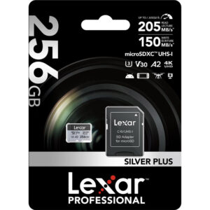 Lexar Professional SILVER PLUS 256GB microSDXC UHS-I card; verify SD adapter package