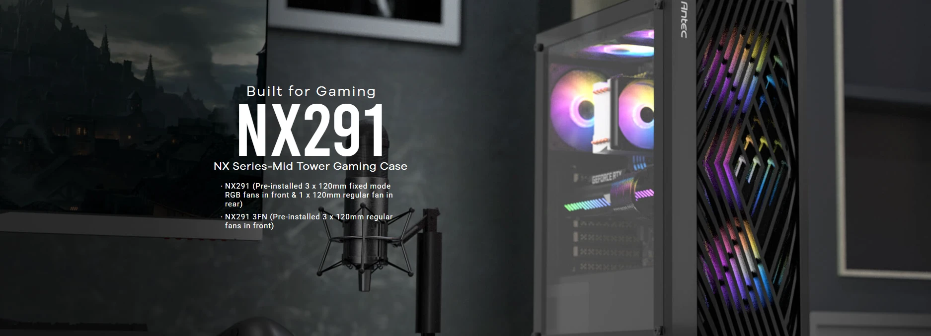 Antec NX291 mid-tower gaming case with 3 pre-installed 120mm RGB fans and tempered glass side panel