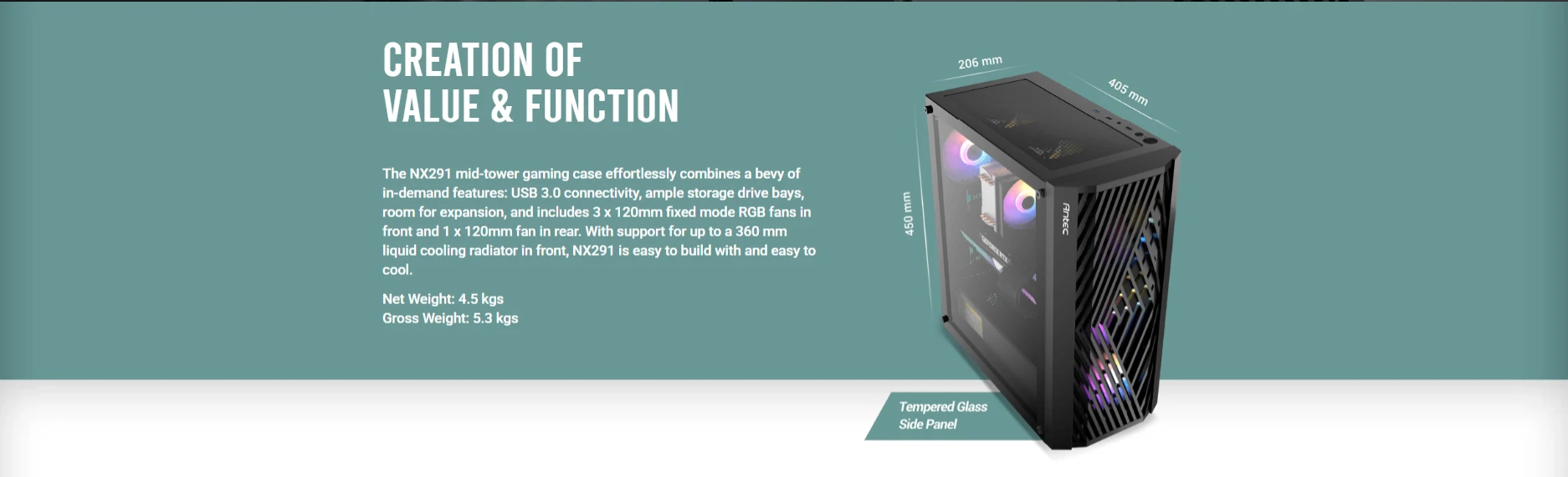 Antec NX291 supports up to 360mm front radiator with 3 pre-installed RGB fans for liquid cooling compatibility