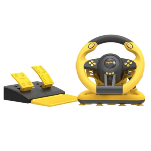 PXN V3 Pro yellow and black racing wheel and pedal set shown from the front