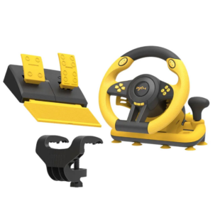 PXN V3 Pro yellow and black racing wheel with pedals and mounting clamp