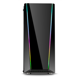 Front view of the Redragon Tailgate GC-702 gaming case with vertical RGB lighting strips