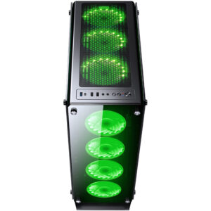 Front and top view of the Redragon Ironhide GC-801 case showing its RGB fan layout