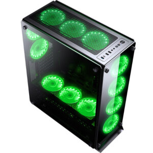 Redragon Ironhide GC-801 black mid-tower gaming case with tempered glass panels and green RGB fans