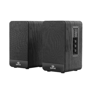 Redragon GS813 Mouthpiece pair of black wood-finish desktop Bluetooth speakers with front speaker grilles and side controls