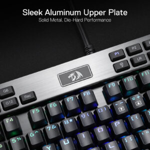 Close-up of the Redragon K550 keyboard aluminum top plate and macro controls