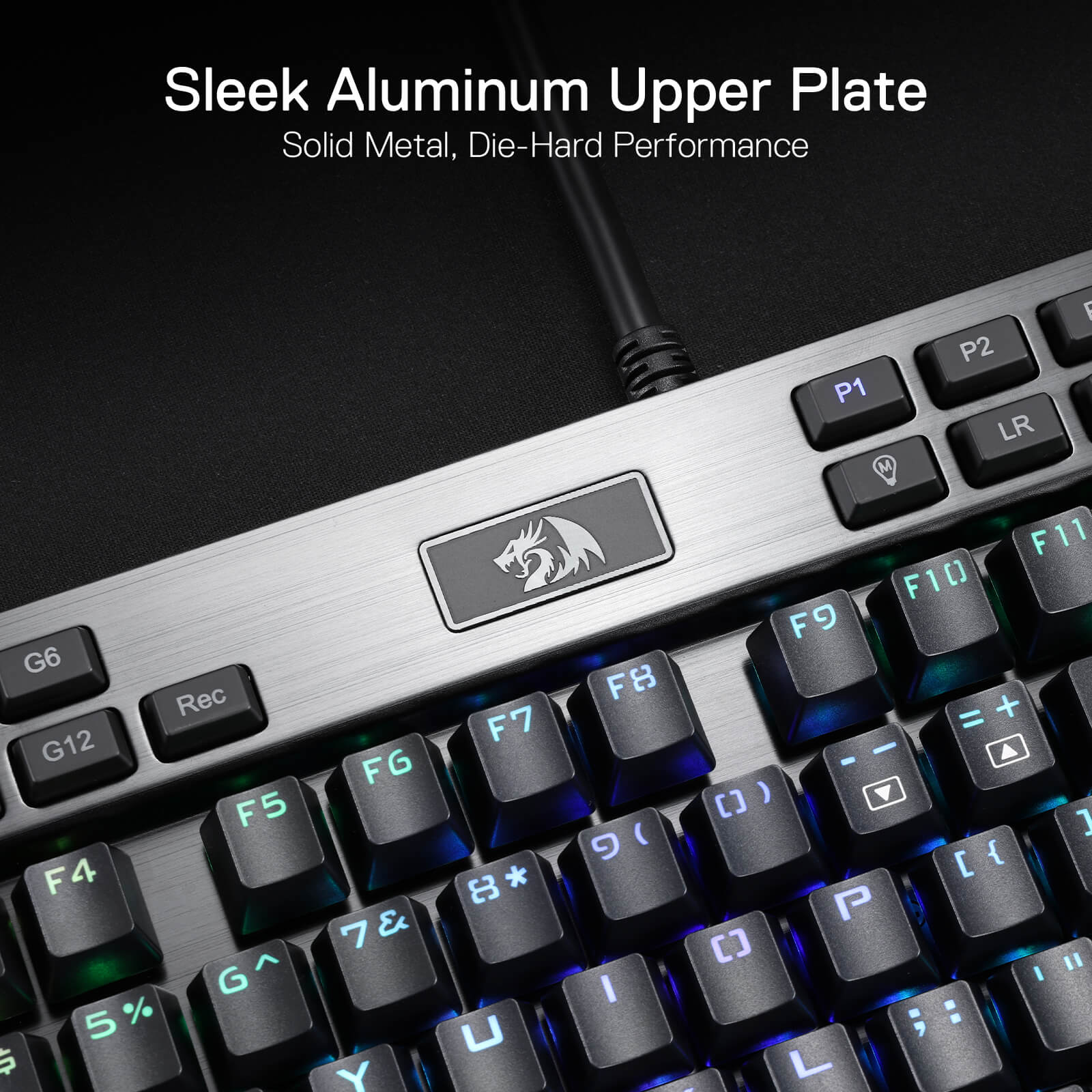 Close-up of the Redragon K550 keyboard aluminum top plate and macro controls