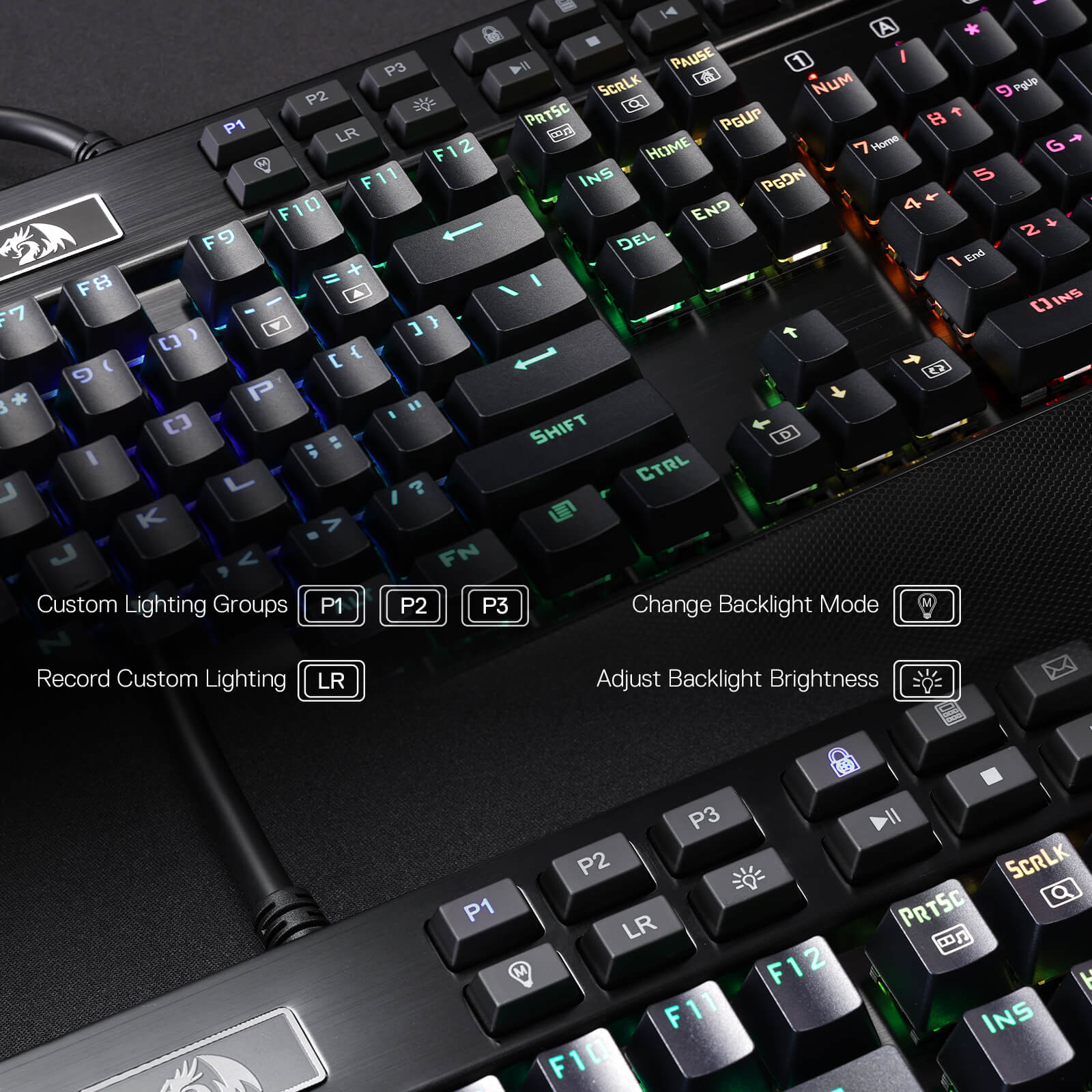 Redragon K550 keyboard showing RGB lighting controls and keyboard function keys