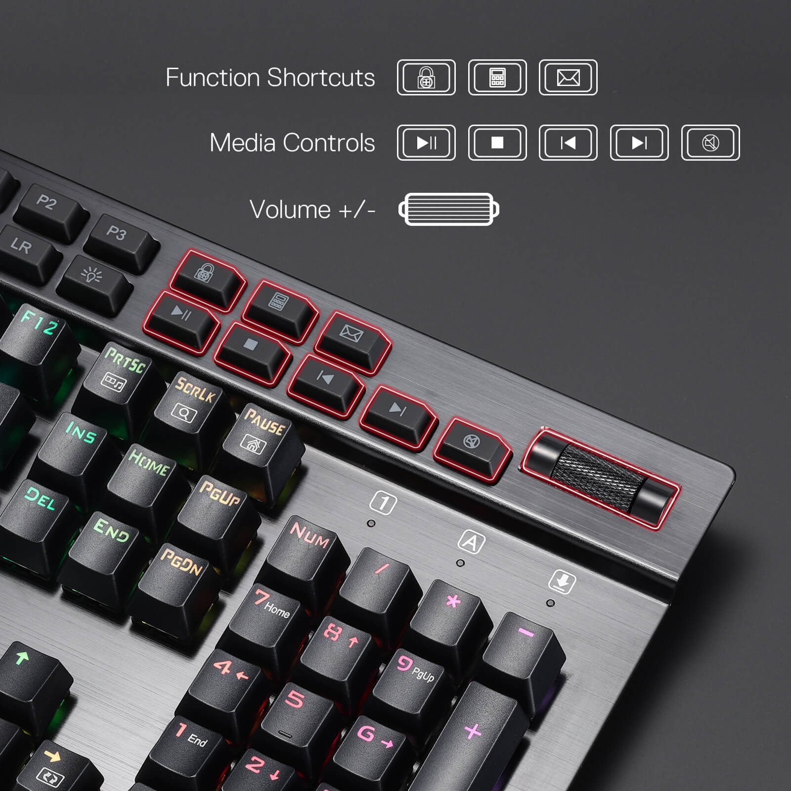 Redragon K550 keyboard showing dedicated media controls and volume wheel
