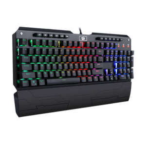 Angled view of the Redragon K555 Indrah RGB mechanical keyboard showing the raised key layout and attached wrist rest