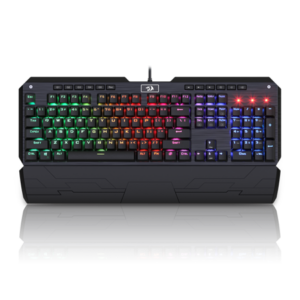 Redragon K555 Indrah full-size black mechanical gaming keyboard with multicolor RGB backlighting and detachable wrist rest