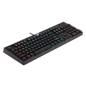 Angled view of the Redragon K579 Manyu mechanical keyboard with RGB lighting