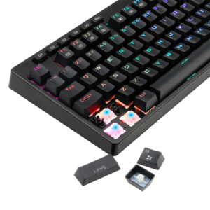 Redragon K579 Manyu keyboard close-up showing blue mechanical switches and removable keycaps