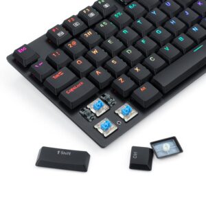 Redragon K607-RGB keyboard showing blue mechanical switches and removable keycaps