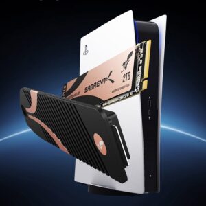 Sabrent Rocket 4 Plus 2TB PCIe Gen4 NVMe SSD with dedicated black PS5 heatsink beside a PlayStation 5 console