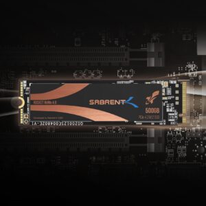 Sabrent Rocket NVMe 4.0 500GB PCIe 4.0 M.2 2280 SSD shown on a motherboard, clean official product image without discount graphics