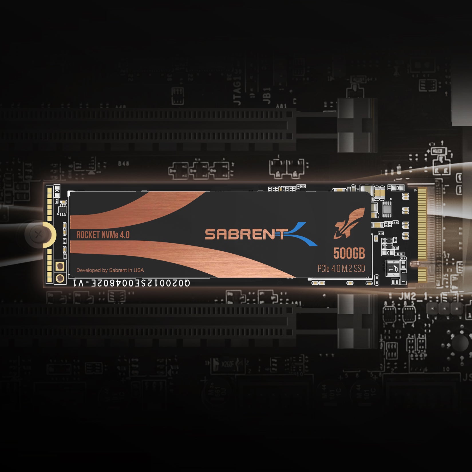 Sabrent Rocket NVMe 4.0 500GB PCIe 4.0 M.2 2280 SSD shown on a motherboard, clean official product image without discount graphics