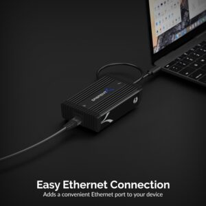 Sabrent TH-3WEA Thunderbolt 3 Ethernet adapter connected to a laptop by Thunderbolt cable