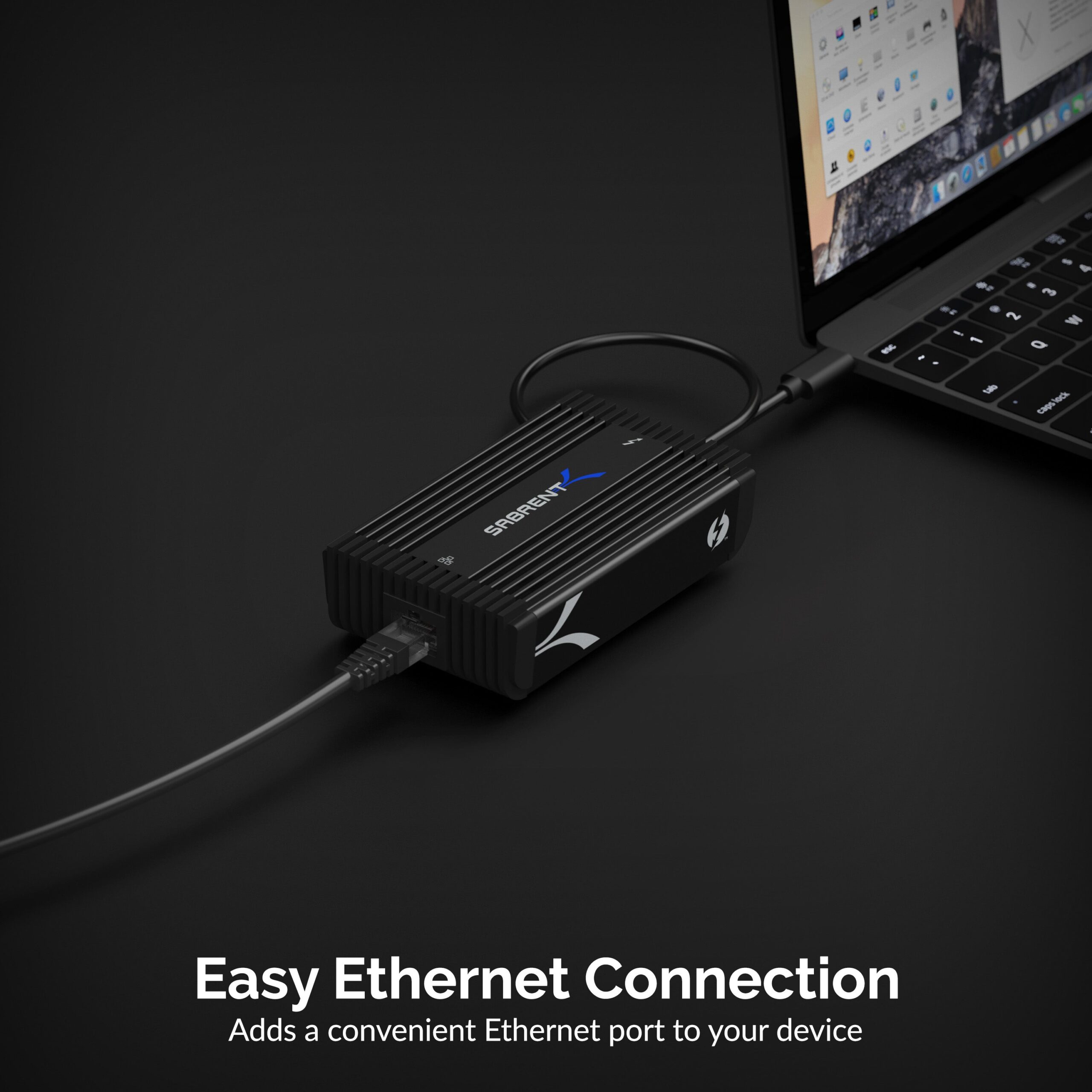 Sabrent TH-3WEA Thunderbolt 3 Ethernet adapter connected to a laptop by Thunderbolt cable