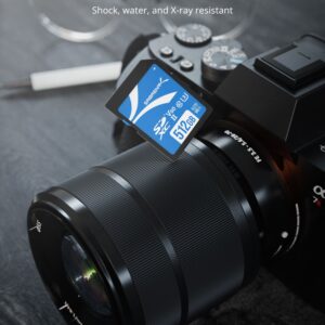 Sabrent Rocket V60 512GB SD card beside a camera lens