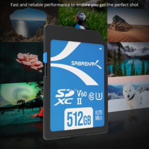 Sabrent Rocket V60 512GB SD card shown with photography imagery