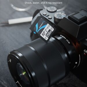 Sabrent Rocket V90 256GB SD card beside a camera lens