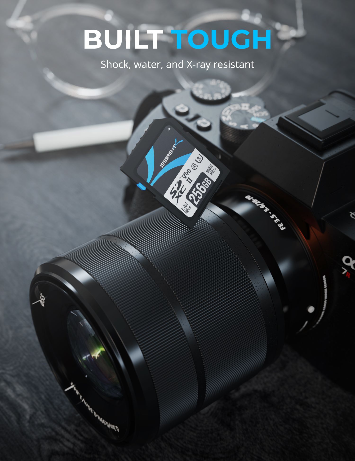 Sabrent Rocket V90 256GB SD card beside a camera lens