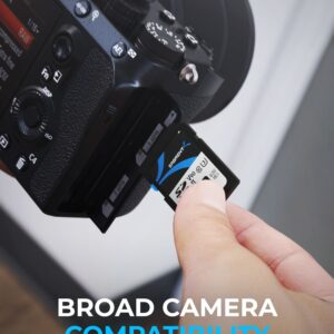 Sabrent Rocket V90 256GB SD card shown being handled beside a camera