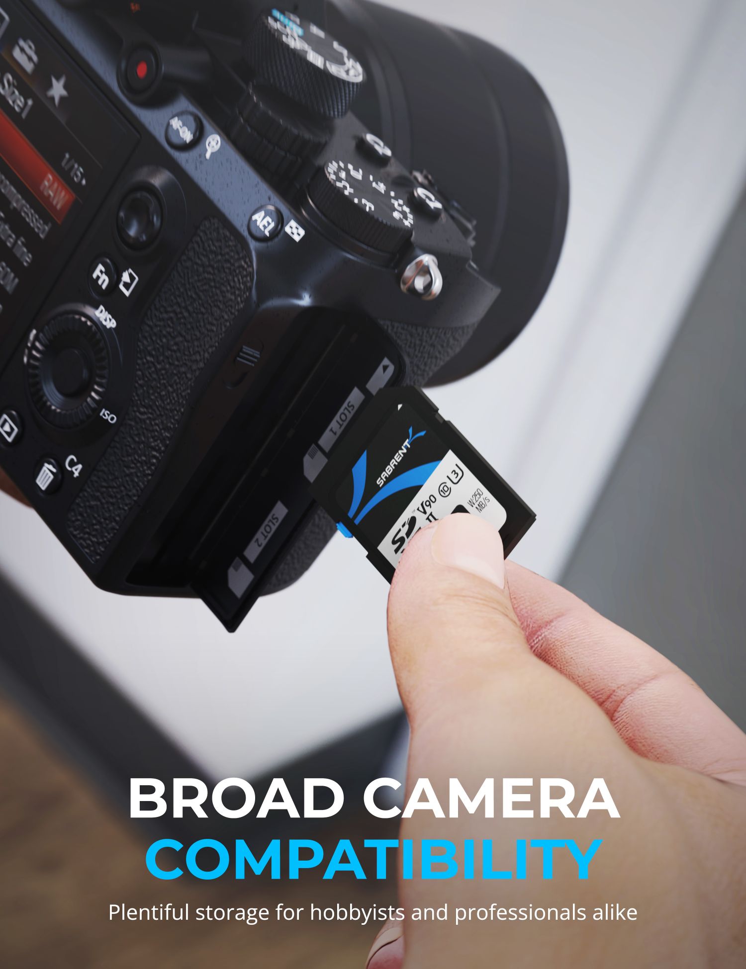 Sabrent Rocket V90 256GB SD card shown being handled beside a camera