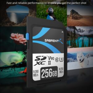 Sabrent Rocket V90 256GB SD card shown with photography imagery