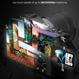 Official Sabrent graphic showing up to 280 MB/s read and 250 MB/s write for Rocket V90 SD card