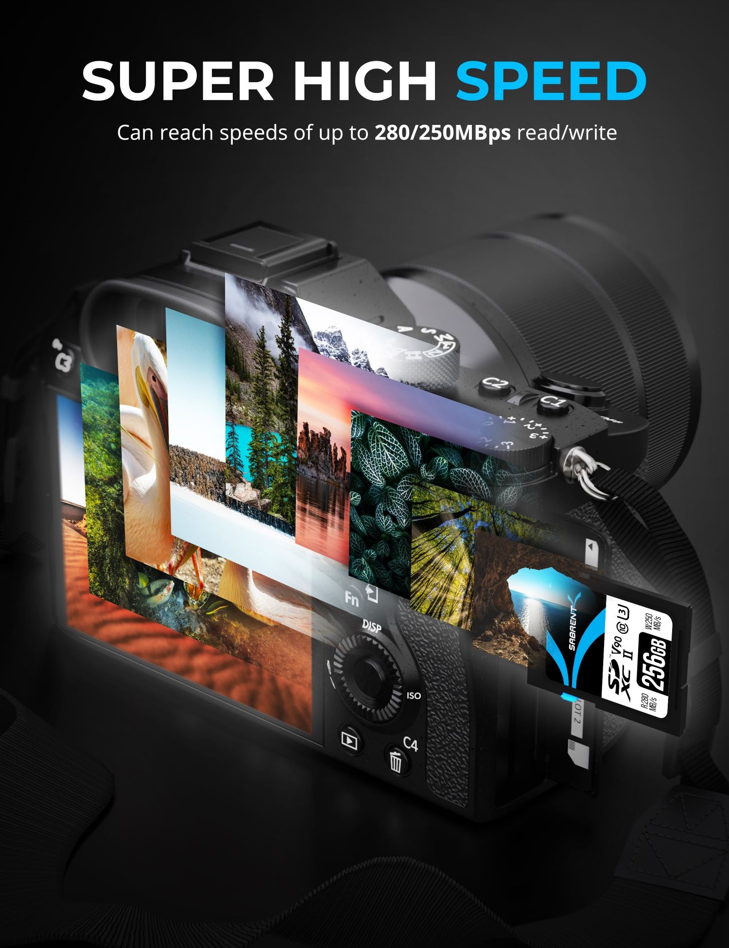 Official Sabrent graphic showing up to 280 MB/s read and 250 MB/s write for Rocket V90 SD card