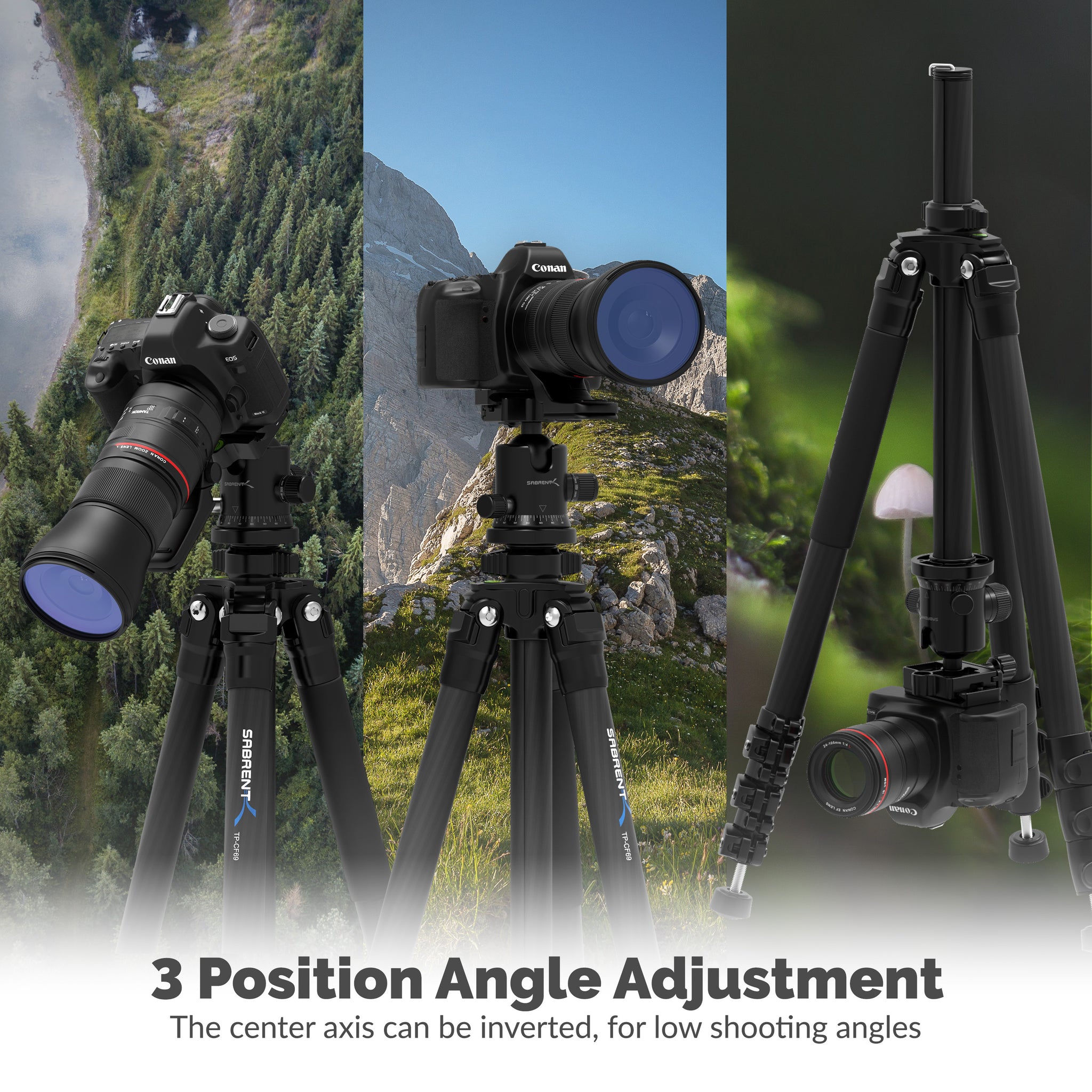 Sabrent TP-CF69 tripod showing three-position angle adjustment