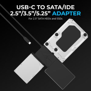 Sabrent USB-DS12 adapter shown with 2.5-inch and 3.5-inch SATA drives