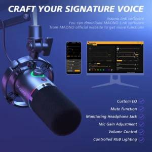 Maono PD200XS USB/XLR Podcast with Boom Arm Bundle RGB Dynamic Microphone