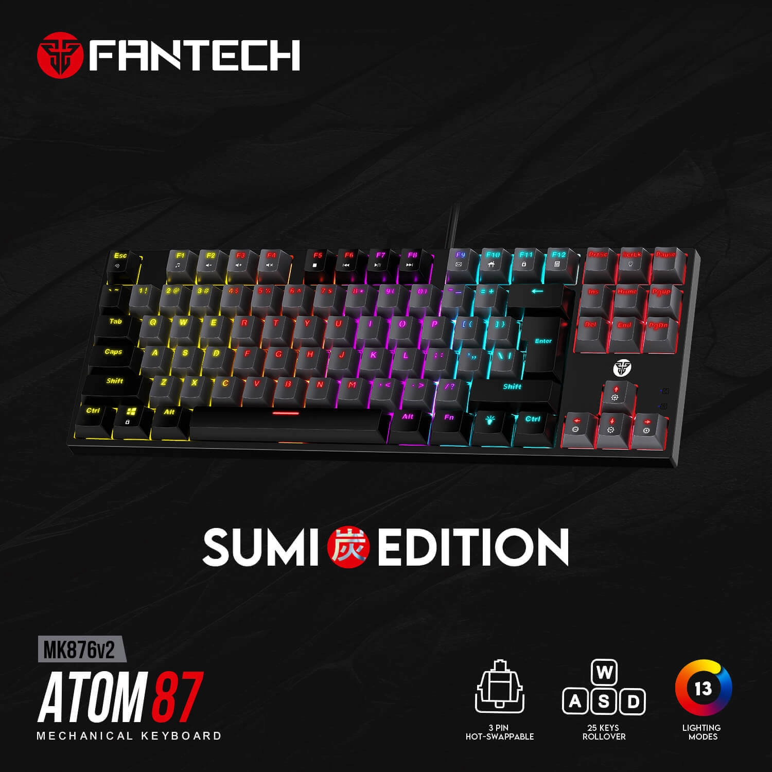 Fantech Atom TKL MK876 V2 RGB Red Switches Grey Wired Mechanical Keyboard
