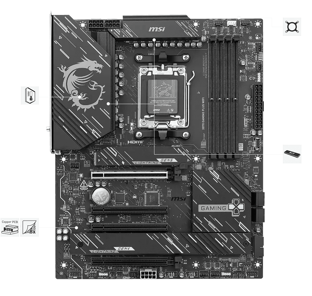 MSI X870 Gaming Plus WIFI Motherboard with PCIe 5.0 and M.2 Slots